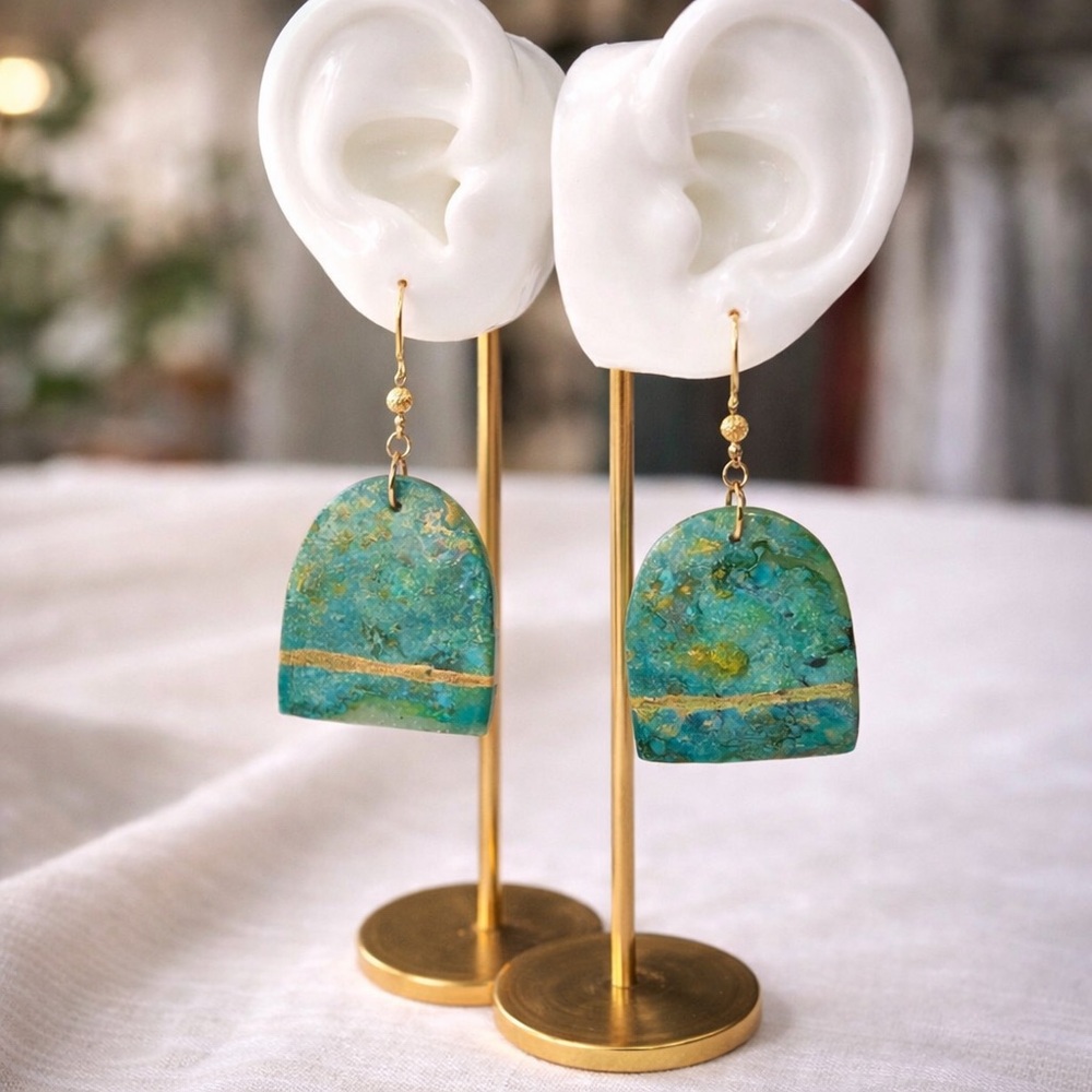 Handmade Teal & Gold Earrings 18K Gold Plated Hooks Lightweight Artisan Boho